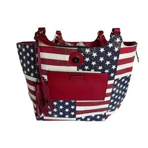Brand New Lily &Ivy Reversible American Flag Handbag Purse Red White Blue July 4